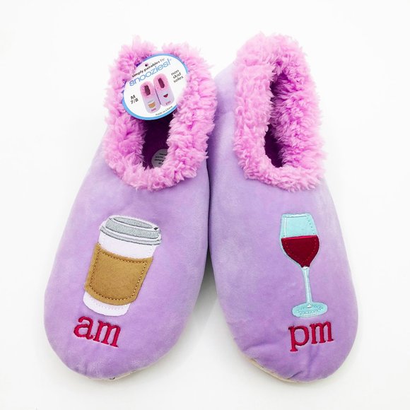 NWT Snoozies Women's AM PM Coffee Wine Slippers Med 7/8 Lavender - Picture 1 of 6